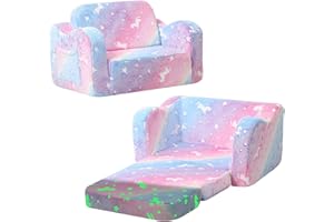 MeMoreCool Toddler Chair & Sofa Bed – Glow‑in‑The‑Dark Unicorn Design | Convertible Fold‑Out Plush Couch for Kids Ages 1‑5, Machine‑Washable Cover, Ideal for Playroom, Naps, Travel