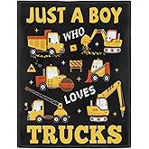 XSMEI Tractor Excavator Blanket, Just A Boy Who Loves Construction Trucks Blanket, Soft Warm Cozy Fleece Throw, Gifts for Boys Teens Kids, 40"x50", Black
