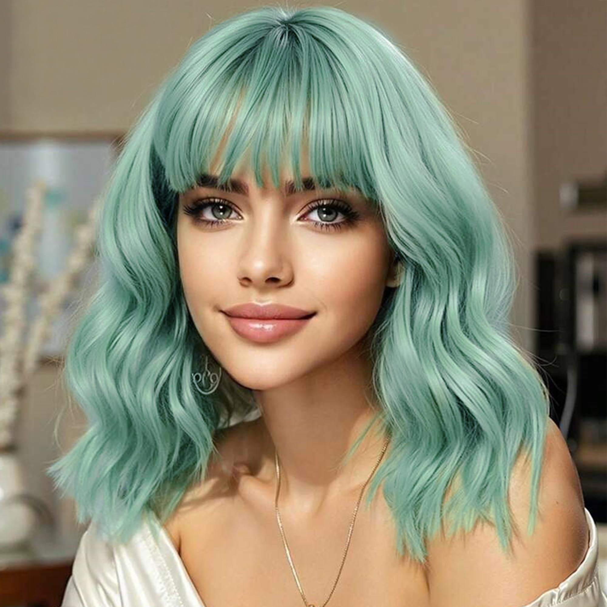 Photo 1 of Miuric Mint Green Wig for Women Short Bob Wigs with Bangs for Women Light GreenFunny Colorful Crazy Party Wavy Shoulder Length Synthetic Wig for Halloween Girl Cosplay Costume