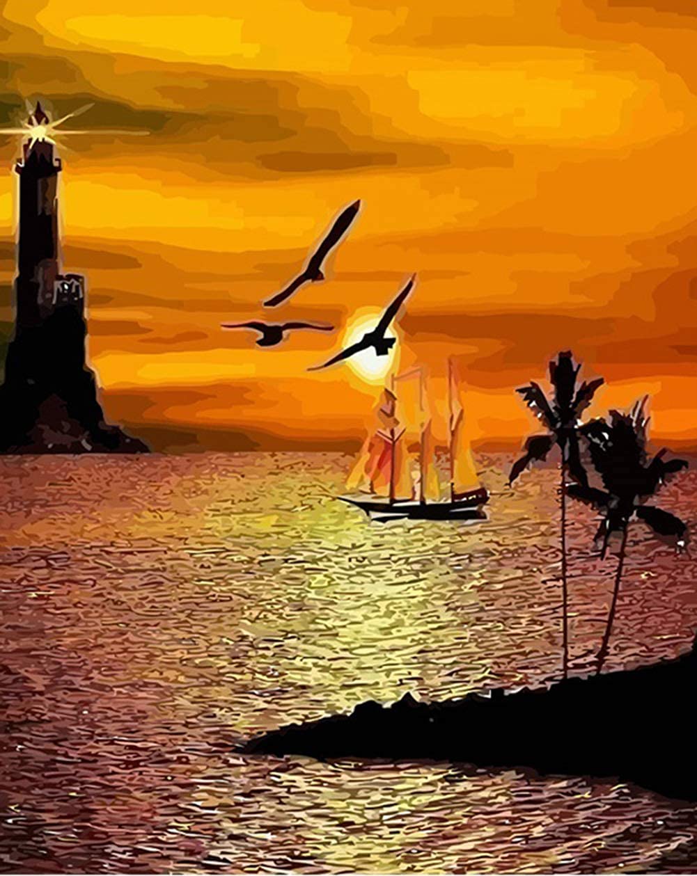 ABEUTY DIY Paint by Numbers for Adults, Sunrise Scenery Seaside Boat 16x20 inches Number Painting Art Therapy (Boat, No Frame)