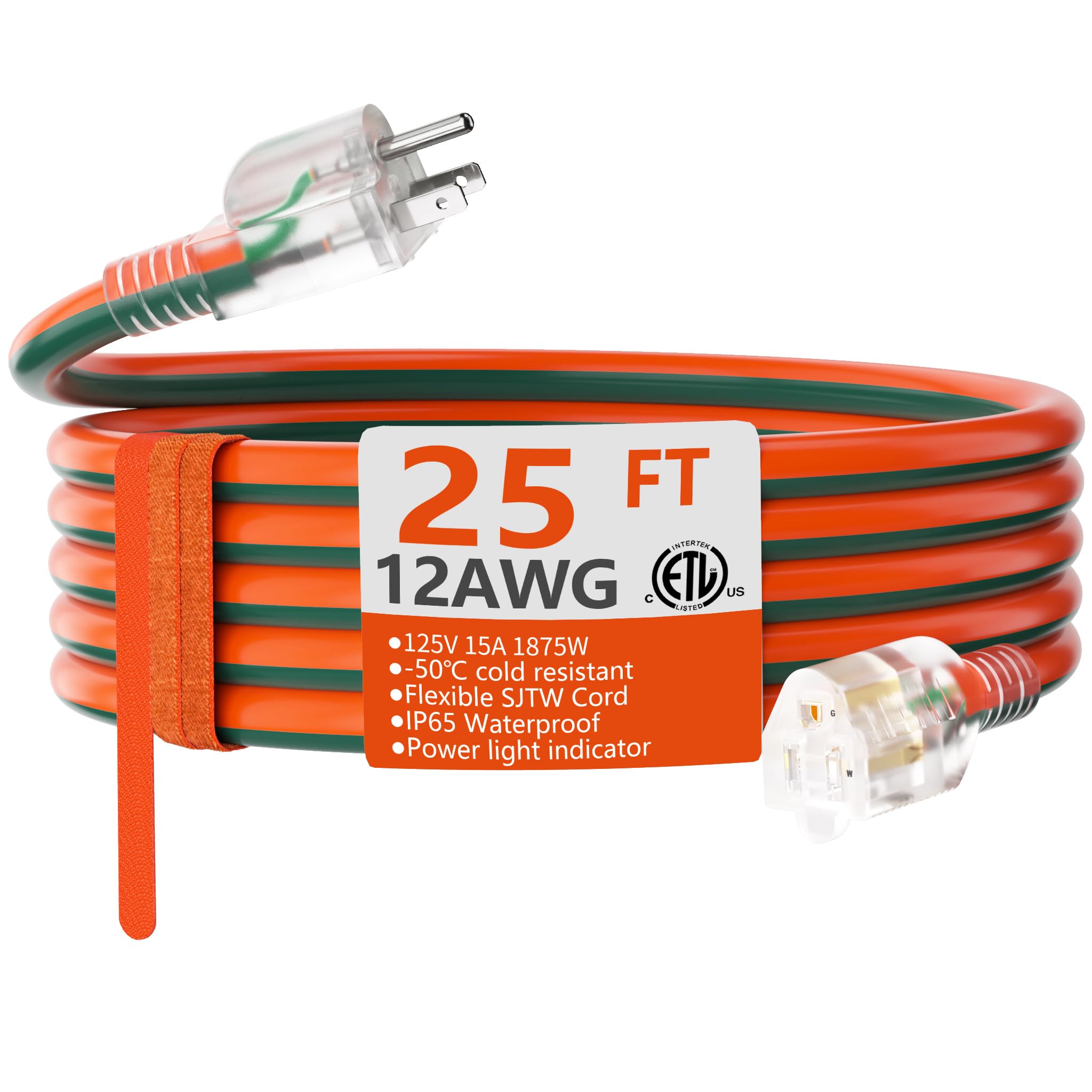 HUANCHAIN 12 Gauge 25 ft Outdoor Extension Cord with Lighted End, Heavy Duty Flexible Cold-Resistant 3 Prong Electric Cord Waterproof Outside, 15Amp 1875W 12AWG SJTW, Orange Green, ETL Image