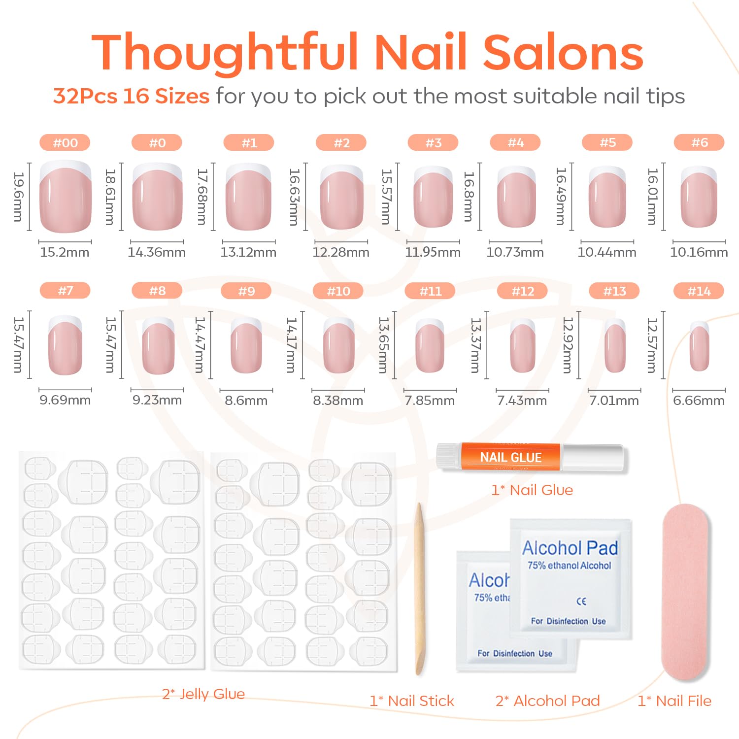 Modelones French Press on Nails, Short Square Fake Nails, Reusable Nail Kit with Nail Glue Adhesive Tabs Mini Nail File, Nails Press Ons 32Pcs 16 Sizes - Image 4