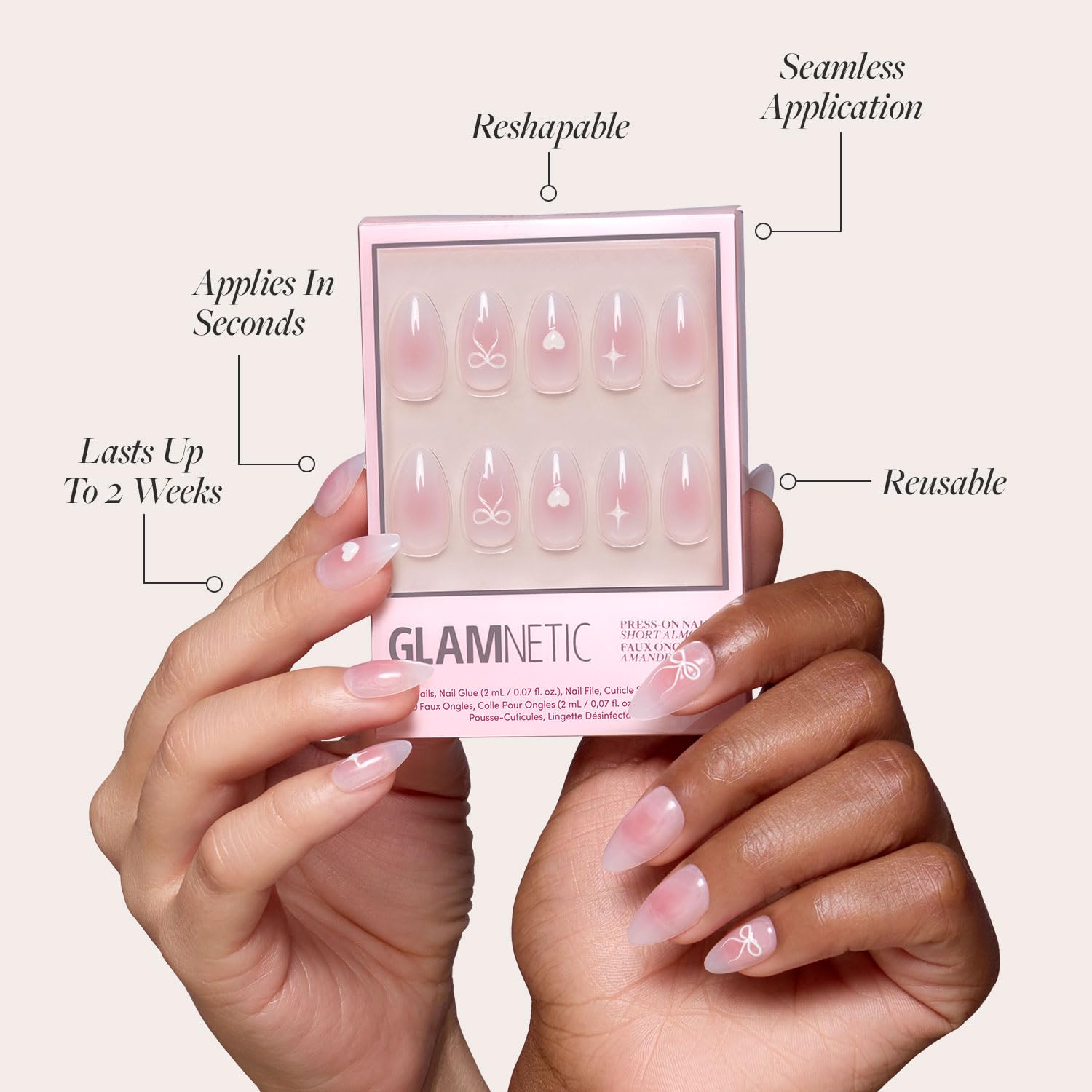 Glamnetic Press On Nails - Lovers Knot | Short Almond Nails with Bow Accents, Reusable Stick On Fake Nails with Glue| Love In Bloom Spring Nails | 15 Sizes - 30 Nail Kit with Glue - Image 3