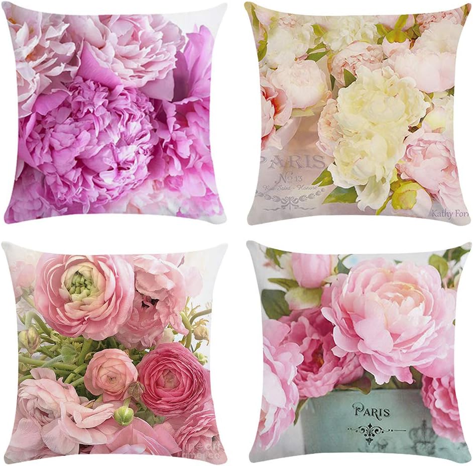 Set of 4 Decorative Throw Pillow Covers with Peony Floral Pink Flower Pattern, Cushion Covers & Pillow Cases for Couch Sofa Home Décor, Retro Style Square Pillowcase Decorations, 18 x18 Inch/ 45x45cm