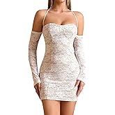 Womens Sexy Lace Mini Dress Long Sleeve Off Shoulder Party Club Night Out Halter Short Dresses
