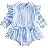 Nibbcoa Toddler Baby Girls Striped Ruffle Long Sleeve One Piece Rash Guard Swimsuit Zipper Bathing Suit Swimwear