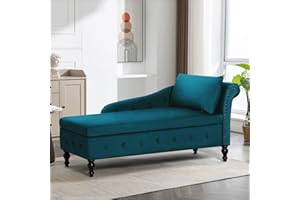 ACMEASE Upholstered Chaise Lounge with Right Armrest & Lumbar Pillow,Button Tufted Lounge Sofa with Storage,Lounge Chair Indoor,Modern Velvet Lounge Chair for Bedroom, Living Room and Office,Teal
