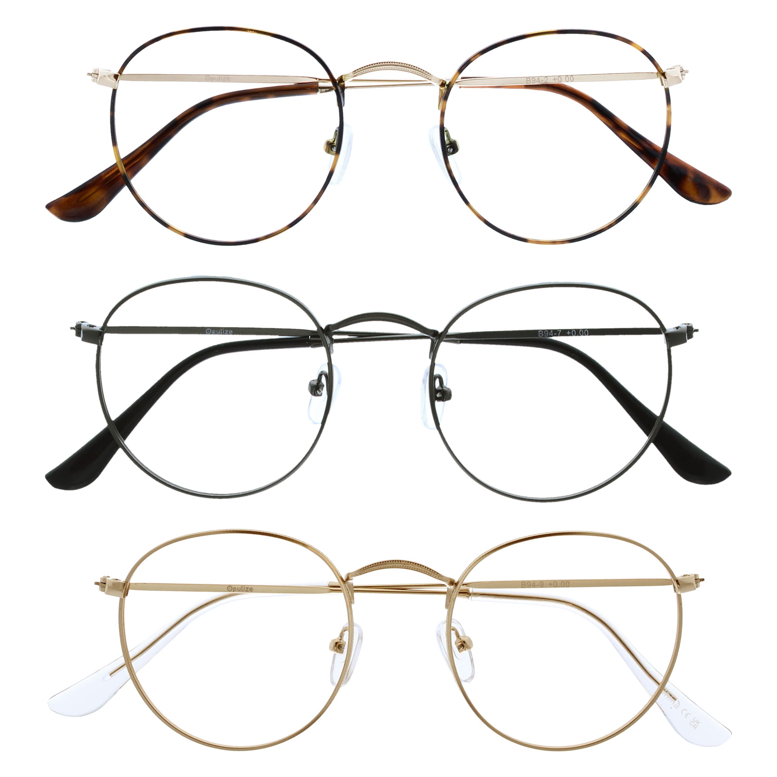 OPULIZE Sol - Blue Light Blocking Glasses 3 Pack Round Metal Retro Improve Sleep Reduce Headache Computer Glasses Gaming Anti-Reflective Brown Matt Gunmetal Gold Mens Womens BBB94-279
