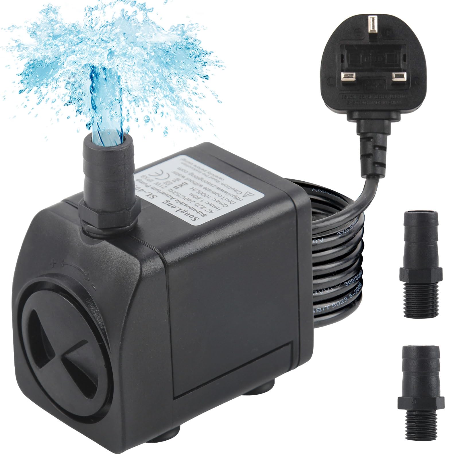 Discoball Submersible Water Pump 21W 260GPH 1000L/H Ultra-Quiet Mini Fountain Water Pump with 2 Nozzles Replacement Pump for Pet Fountain Aquarium Fish Tank Pool Garden Features Statuary Hydroponics