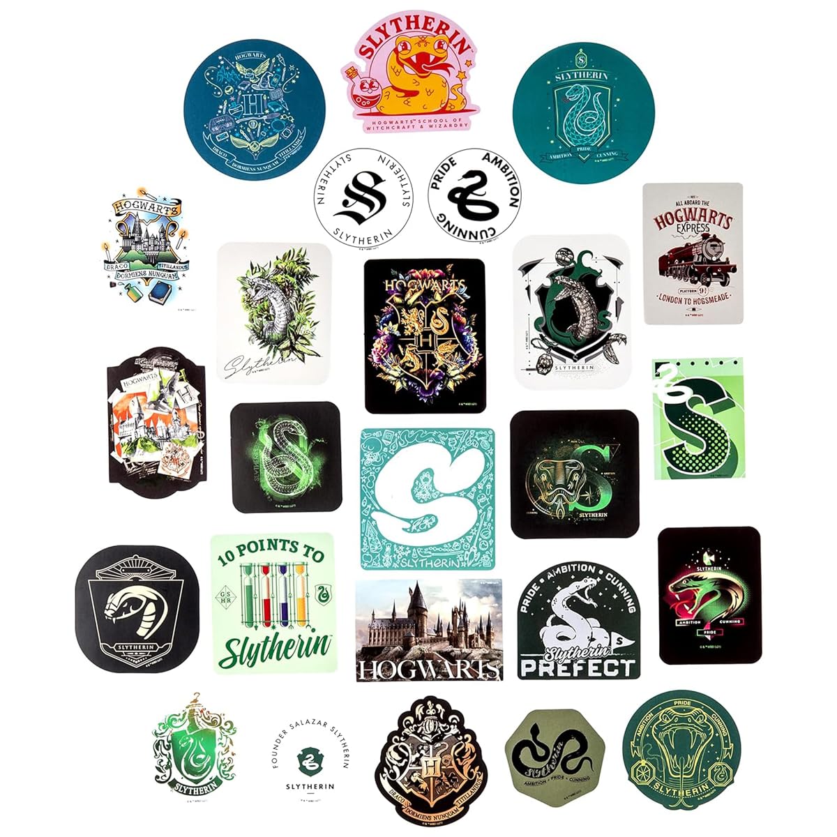 Harry Potter Slytherin Hogwarts House Vinyl Sticker Decal Pack, 60-Count, 5 Hologram Stickers, Waterproof, UV & Scratch-Resistant, Decals for Laptops, Water Bottles, Notes & More, Officially Licensed
