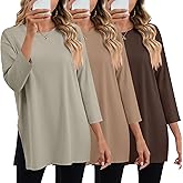 Huukeay 3 Pack Women's Oversized T Shirts Workout 3/4 Sleeve Top Loose Side Split Gym Elbow Crewneck Casual Clothes Tee