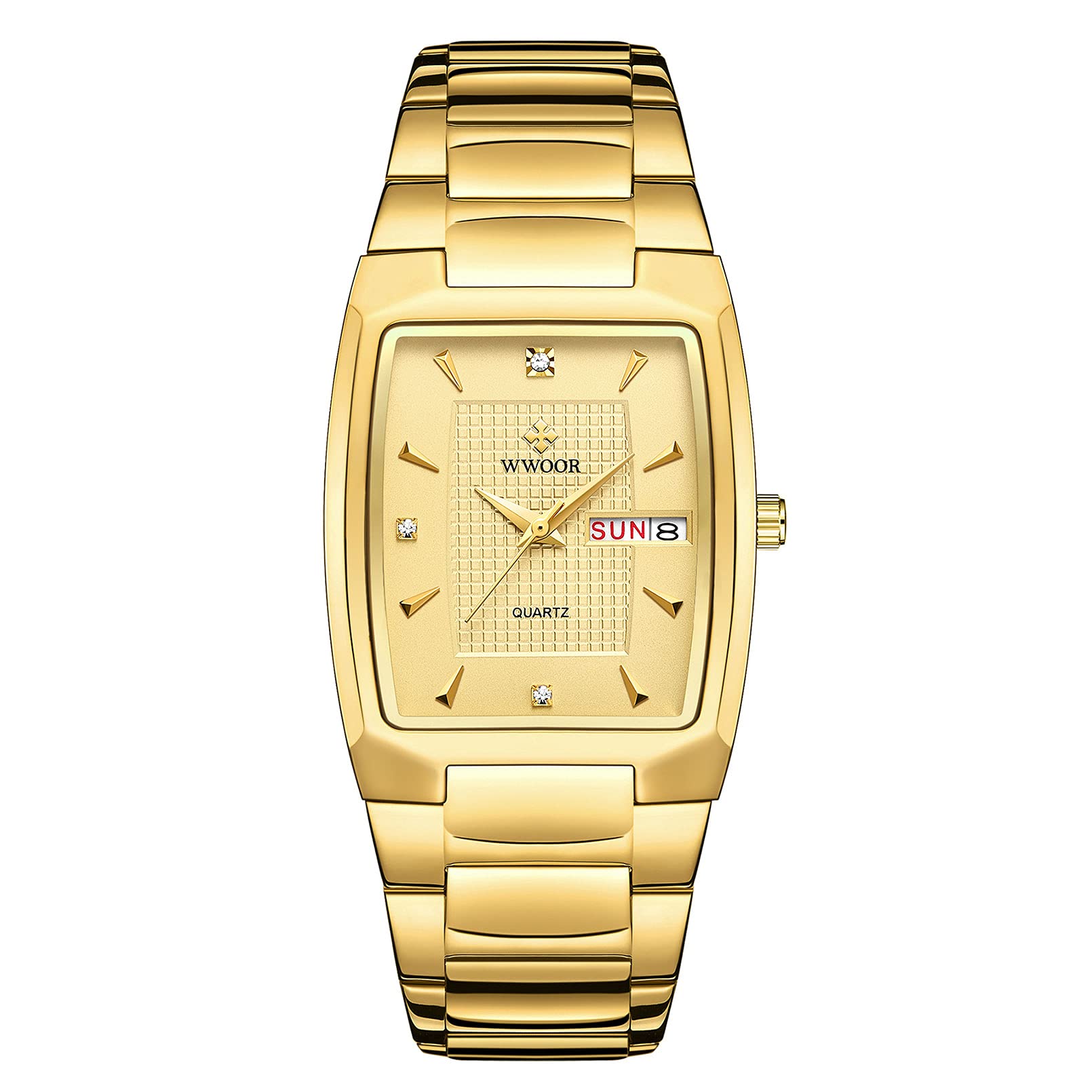 WWOOR Square Watches for Men Stainless Steel Mens Square Watch with Date Original Waterproof Analog Quartz Fashion Business Casual Wristwatch, B2-37-US-Gold, Chronograph