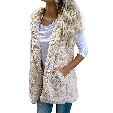 JURTEE Damen Weste Mantel Winter Warm Outwear Ärmellose mit Kapuze Winterjacke Pelzweste Felljacke Faux Fur Reißverschluss up