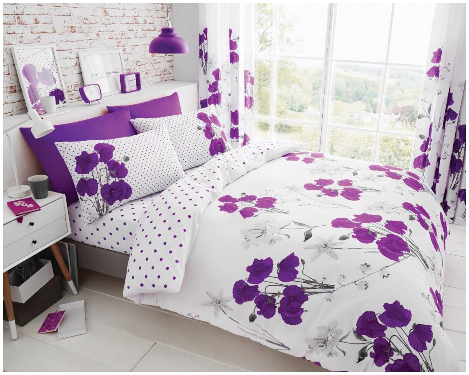 GC GAVENO CAVAILIA Poppy Floral Double Bedding Set, Reversible Duvet Cover with Pillowcases | Easy Care Cotton Blend Quilt Cover | Soft, Durable and Machine Washable Bed Linen, Aubergine