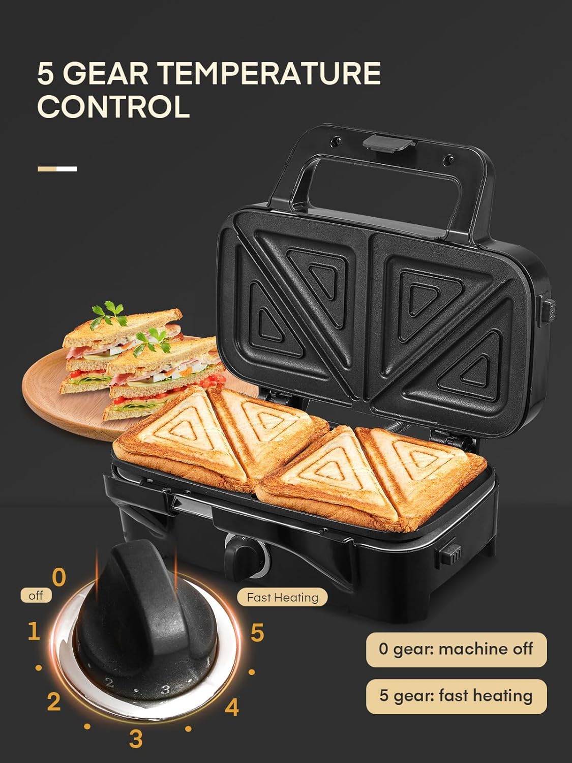 FOHERE Sandwich Maker 3 In 1 Waffle Maker With Removable Plates,1200W Grilled Cheese Maker, 5-gear Temperature Control, Non-stick Coating Easy to Clean, Indicator Lights, Silver/Black