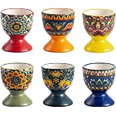Henten Home Boho Ceramic Egg Cups, Colorful Egg Holder Set of 6 | Floral Pattern, for Soft Boiled Egg, Breakfast, Brunch, Easter, Serving and Holiday Gifit, Dishwasher &amp; Microwave Safe