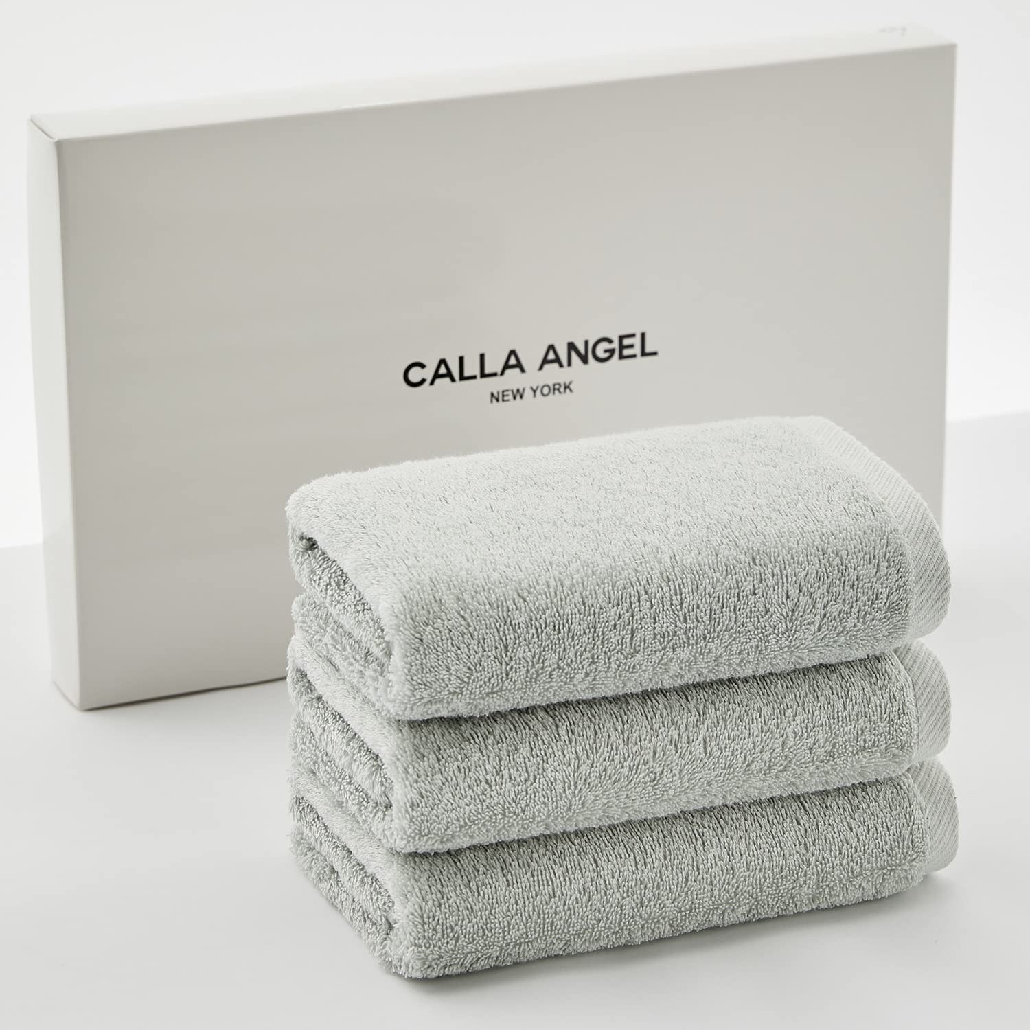 Calla Angel New York フェイスタオル 極上 高級綿 エジプト綿100% 厚手 柔らかい 高吸水 甘撚り コットン ホテル仕様 箱入り ギフト 海外人気 アクアシリーズ 選べる6色(フェイスタオル 3枚セット, シルバー)