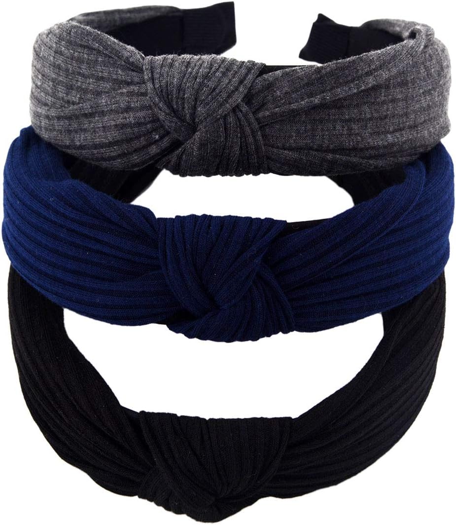 STHUAHE Pack of 3 Women Wide Stripes Cloth Cross Knot Hair Hoop Hairband Headband Hair Accessories (black Darkgrey Deepblue)