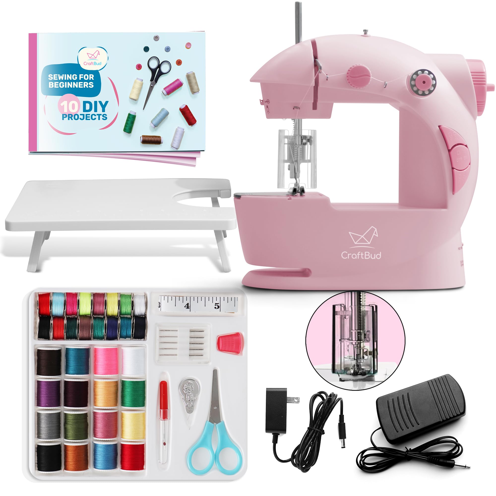 Photo 1 of CraftBud Mini Sewing Machine for Beginners, Dual Speed Small Portable Sewing Machine for Kids and Adults with Extension Table, 48 Piece Gift Set Includes, Pedal, Projects Book, Light and More, Pink