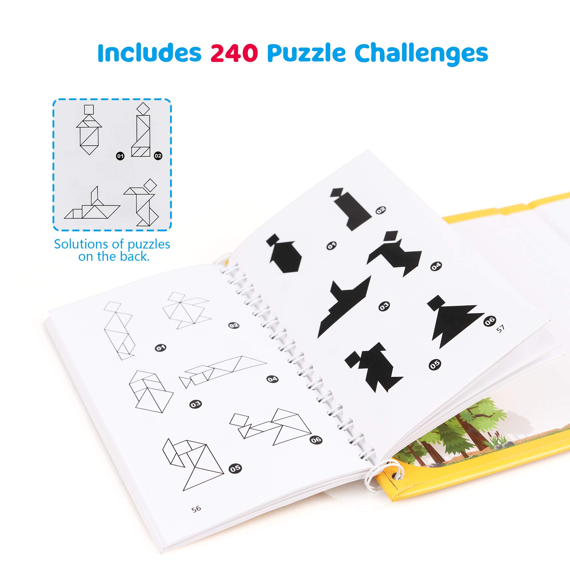 Vanmor Travel Tangram Puzzle - 3 Sets of Magnetic Tangram with 240 Solution - Montessori Shape Pattern Blocks Jigsaw Road Trip Games IQ Book Educational Toy Brain Teaser Gift for Kids Adults Challenge