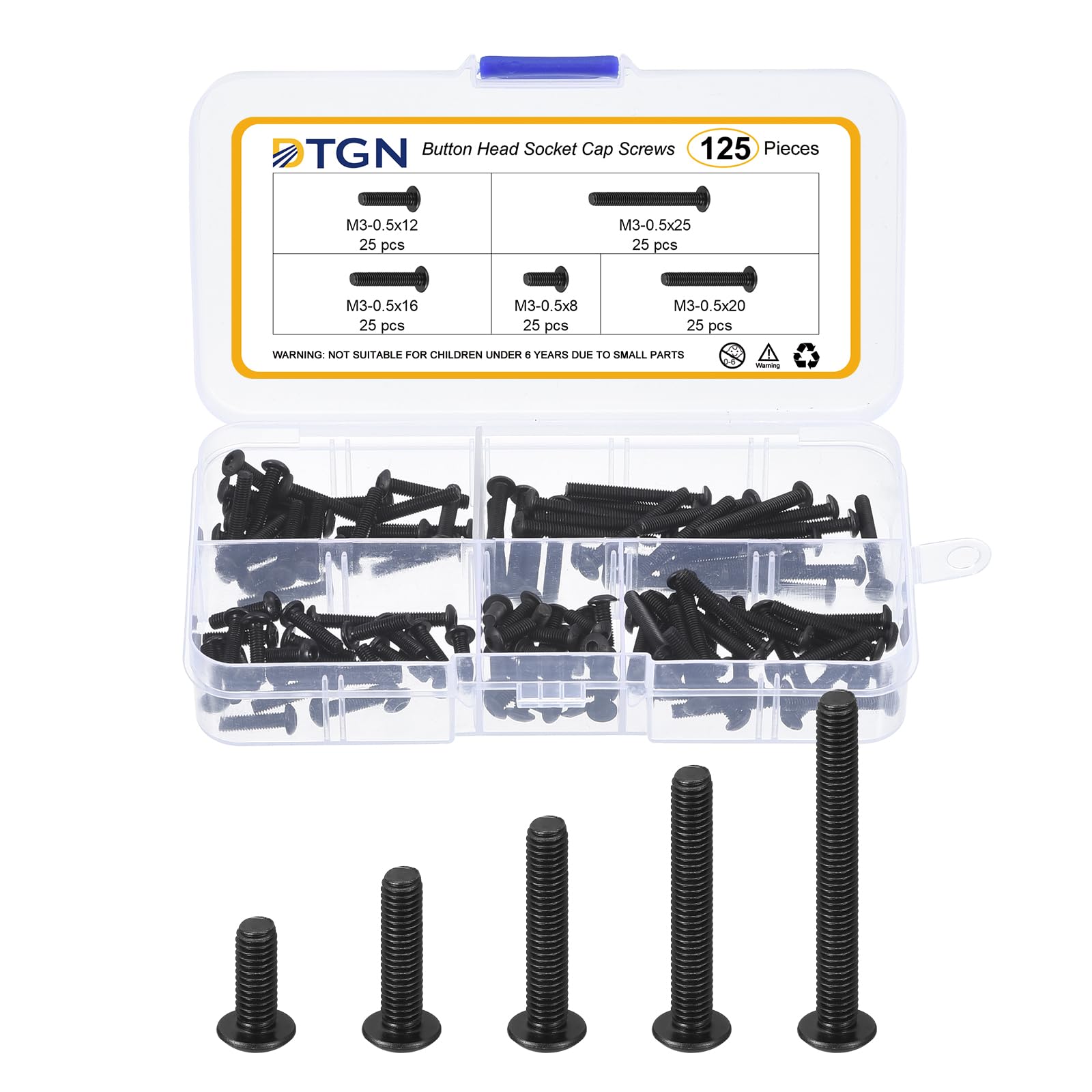 DTGN 125Pcs M3-0.5x8/12/16/20/25mm Button Head Socket Cap Screws - Carbon Steel Bolt Set Assortment Kit - Good for Road Bicycle, Mountain Bike, Auto