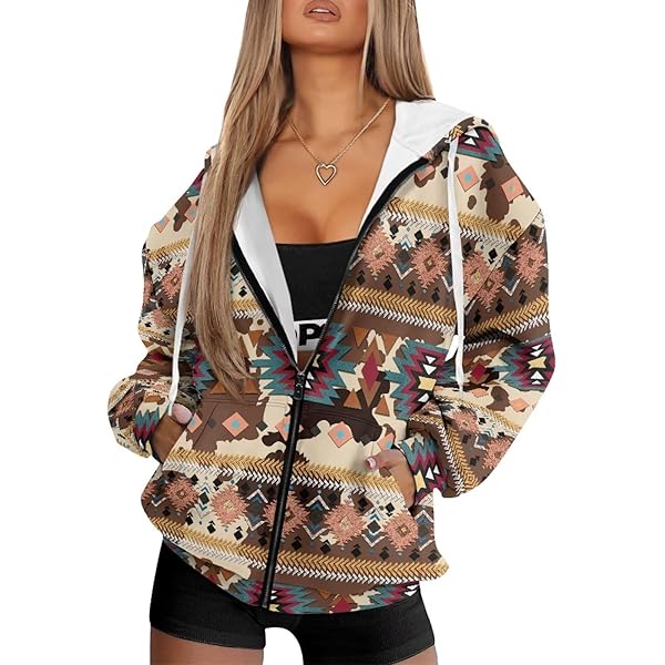 Hdjxbdhsv Women's Tribal Aztec Print Zip Up Drawstring Hood