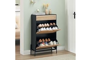 3-Tier Rattan Shoe Cabinet with 3 Drawers & Adjustable Shelves Slim Wooden Organizer for Entryway/Hallway/Porch Storage