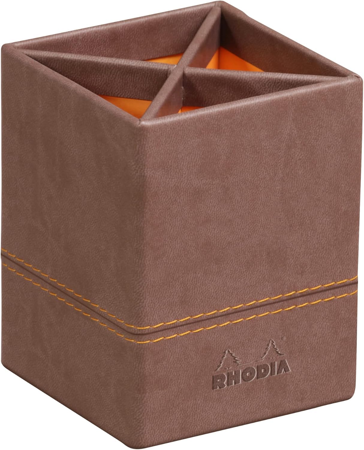 RHODIA 318813C - Chocolate Pencil Pot - 8x8x11 cm - Orange Saddle Stitching - Faux Leather Exterior - Rhodiarama Home Office Collection - Office Organization & Designer Storage