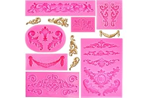FMOACEN Baroque Style Silicone Molds, Curlicues Scroll Lace Fondant Molds, Vintage Relief Flower Mould Filigree 3D Clay Mold for Gummy Sugar Cookie Pastry Chocolate Mold for Clay Cupcake Topper Decor(7Pcs)