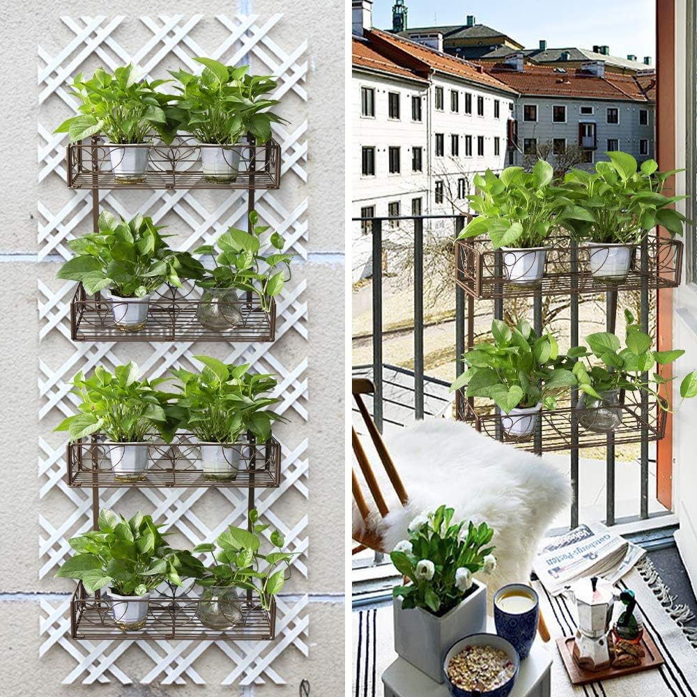 AmnoAmno 2-Tier Balcony Hanging Flower Rack Stand Rail Planters Baskets Pots for Outside, Deck Railing Planters Boxes Outdoor Hanger Stand with Strong Metal Folding Design Easy Installation (Bronze) : Garden & Outdoor