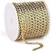 33FT 18K Gold PVD Plated Curb Chains Spool, 4.5mm Stainless Steel Cuban Link Chain Roll Bulk for Jewelry Making Necklace Bracelet