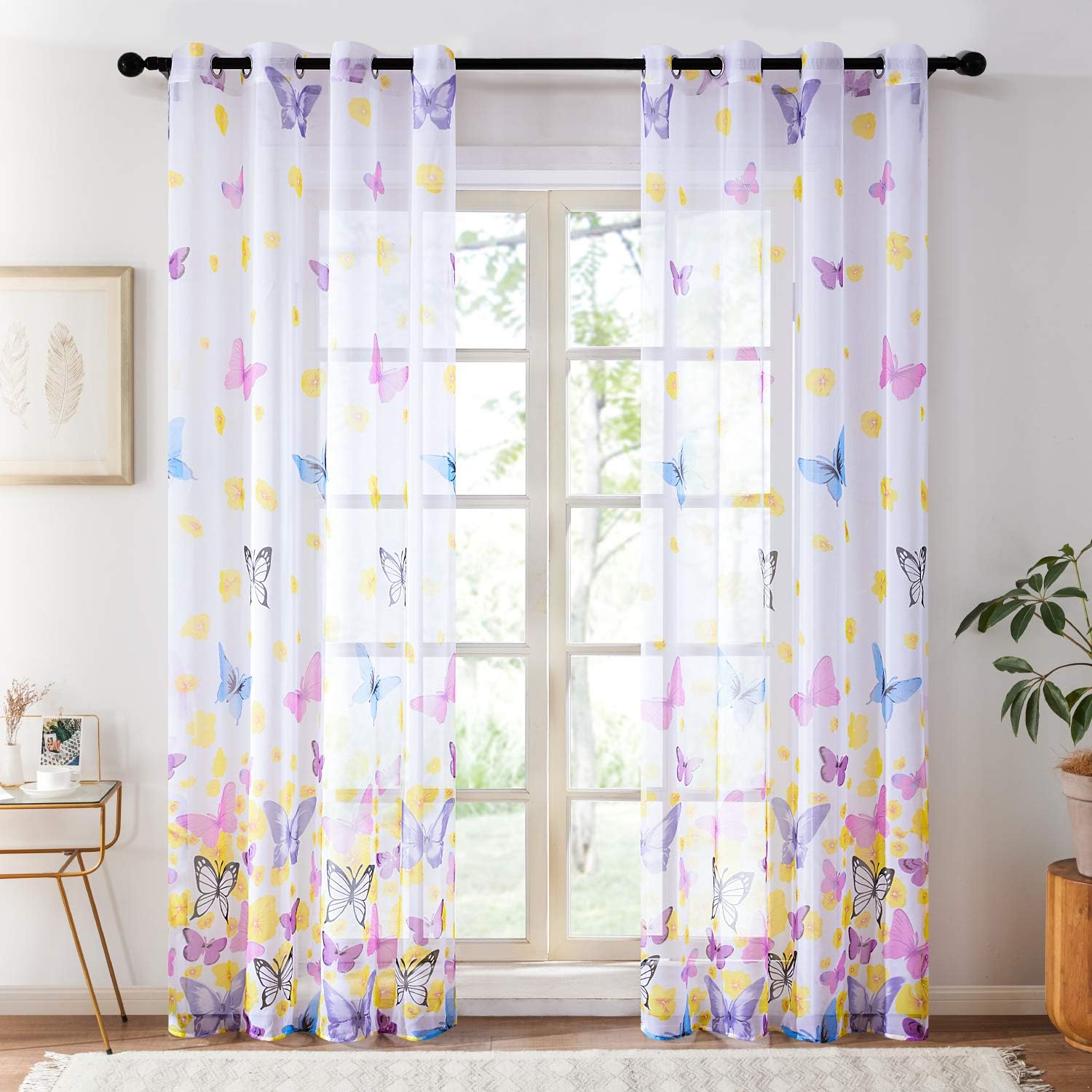 Topfinel Colorful Printed Butterfly Sheer Curtains 84 Inches Long Voile Grommet