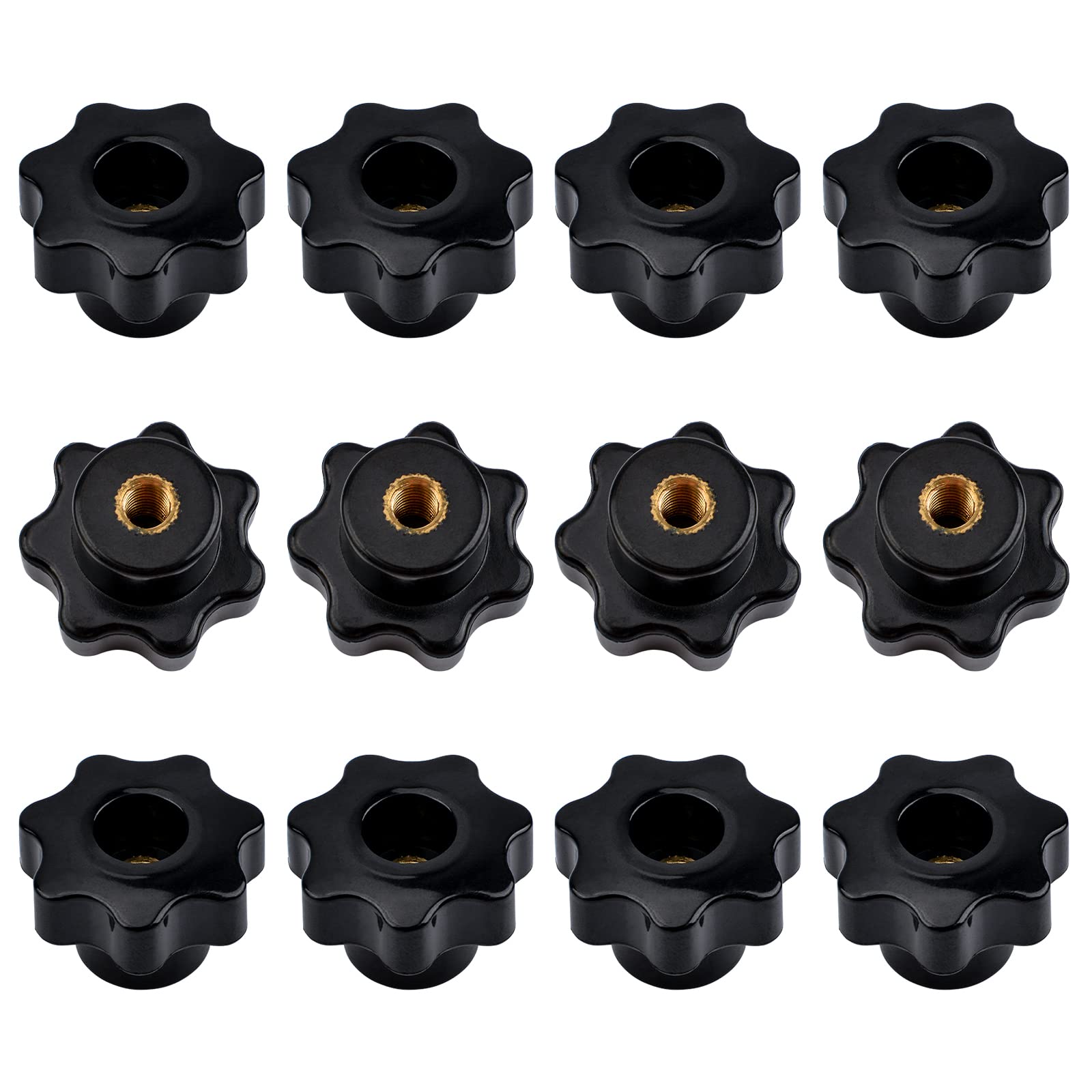 MOROBOR Star Knob M6 Knurled Thread Clamping Knob, 12pcs Black Plastic Through Hole Set Brass Female Threaded Nut,Screw-On Handle Clamping Knob for Mechanical Equipment — image 1