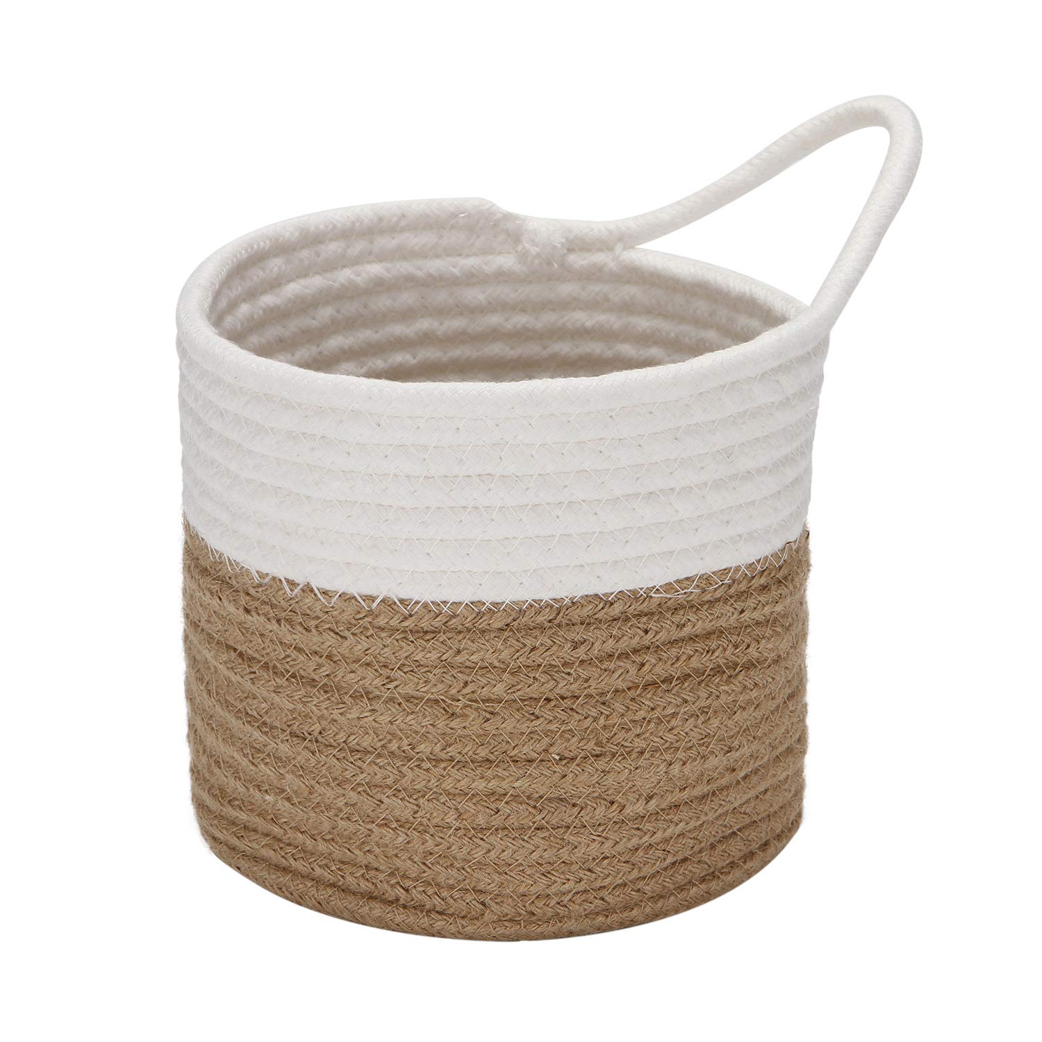 Sea Team Hanging Cotton Rope Baskets, 6.7 Inches Small Woven Storage Basket, Bike Hang Bag, Fabric Planter, Pot, Wall, Door Organizer for Keys, Wallets, Sunglasses, (Flaxen & White)