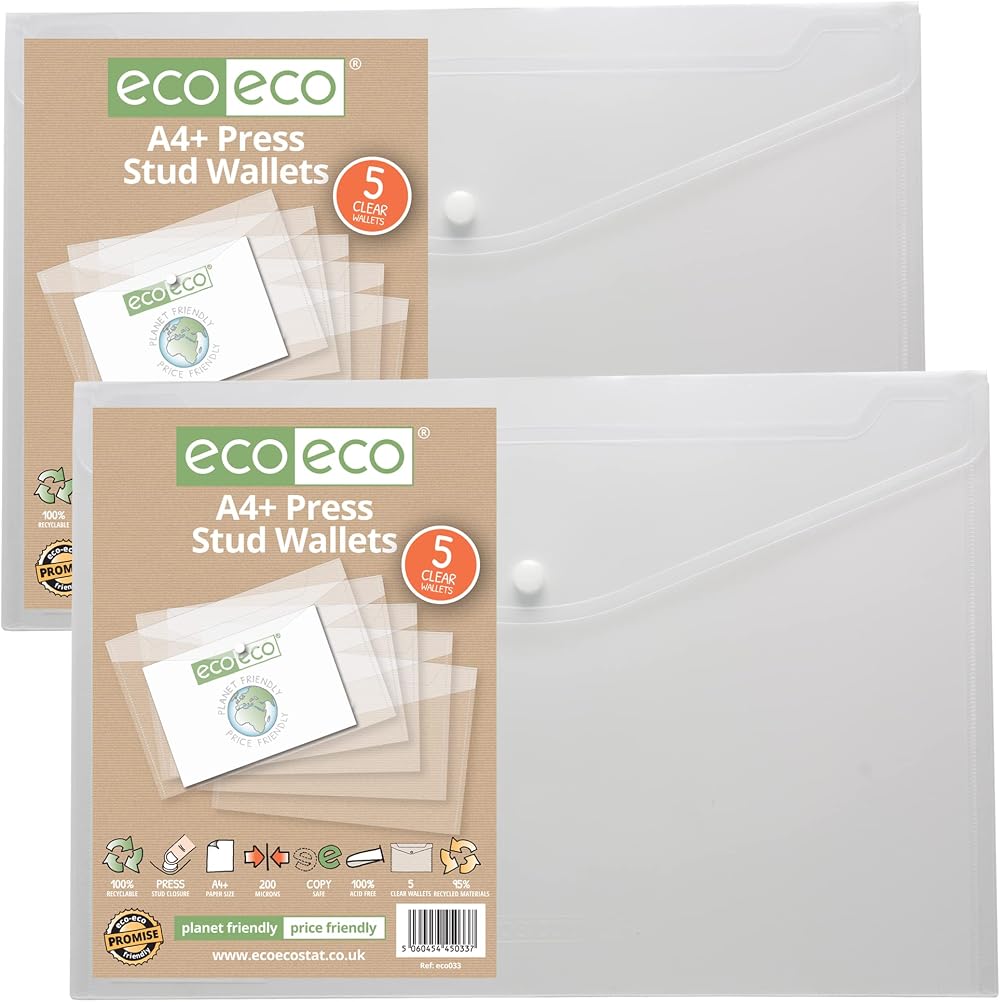 eco-eco A4+ 95% Recycled Clear Wallets with Press Stud Pack of 10