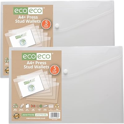 eco-eco A4+ 95% Recycled Clear Wallets with Press Stud Pack of 10