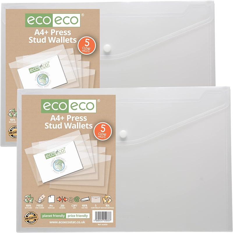 eco-eco A4+ 95% Recycled Clear Wallets with Press Stud Pack of 10