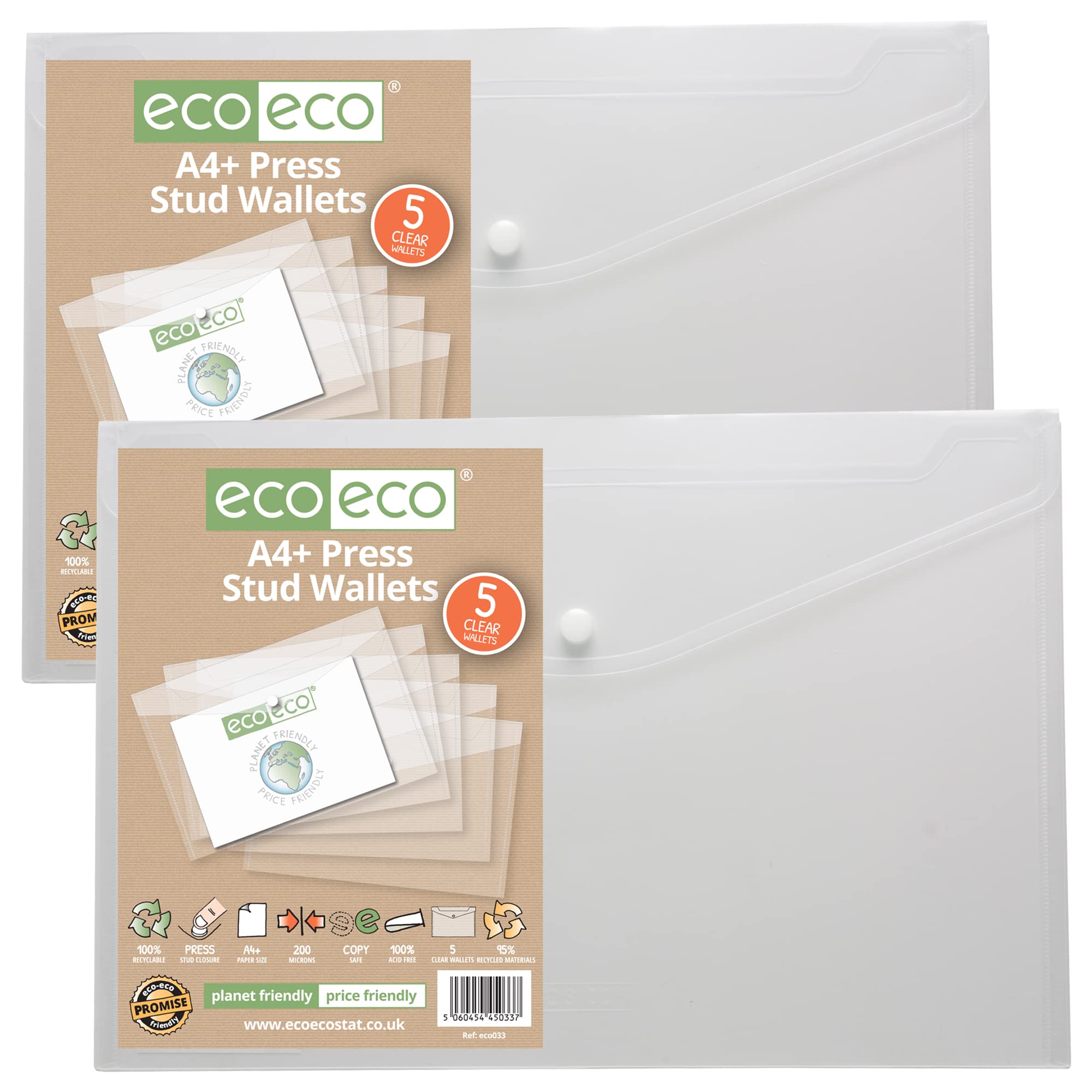eco-eco A4+ 95% Recycled Clear Transparent Press Stud Popper Wallet, Plastic Folders (Pack of 10), eco033x2