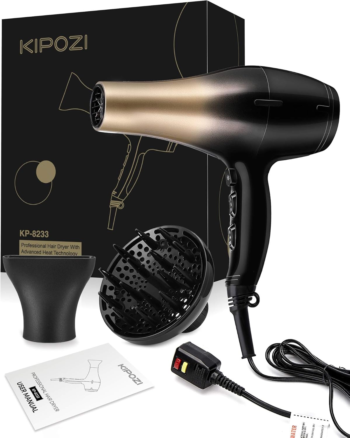 KIPOZI 1875W Hair Dryer, Negative Ionic Blow Dryer, Salon Grade Powerful Hairdryer with Concentrator&Diffuser, 2 Speed and 3 Heat Settings, Lightweight and Quiet /Packaging Vary (Golden Black): Health & Personal Care