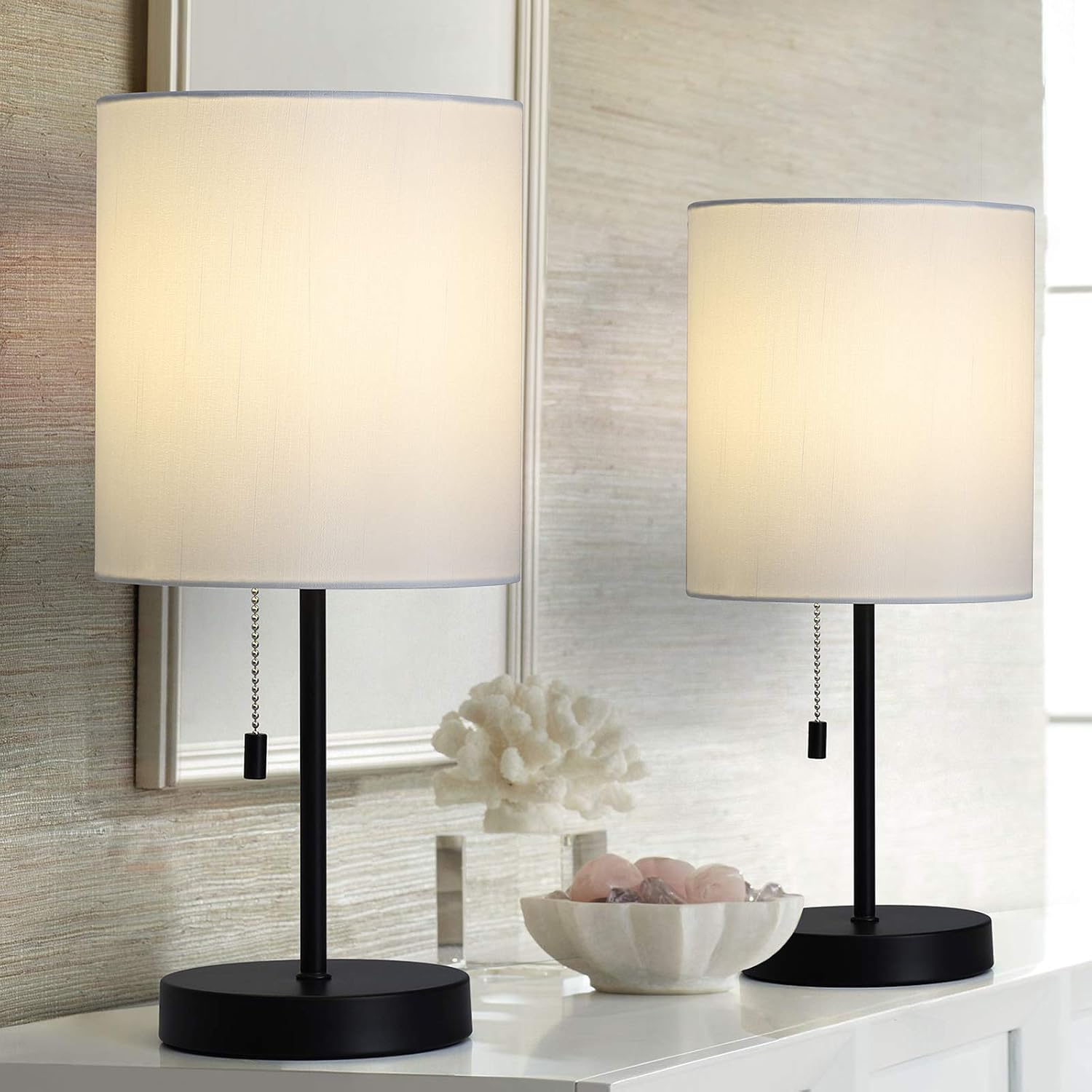 Modern Desk lamp，Black Bedside nightstand Table Lamps with White Fabric lampshade