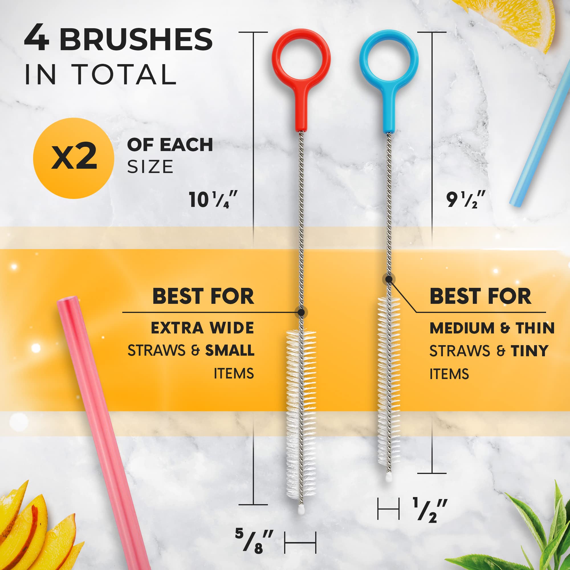 Heavy Duty Cleaning Brushes Set of 4 - Extra Long Straw Cleaners for Metal and Plastic Reusable Drinking Straws, to Clean Small Spaces, Sippy Cups, Water Bottles - Sturdy Hard Brush Bristles