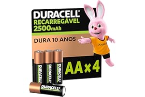 Duracell Pilha Recarregável AA 2500mAh Pequena Com 4 Unidades – Ideal para Controle Xbox™, Câmeras Digitais e Brinquedos de Alto Consumo