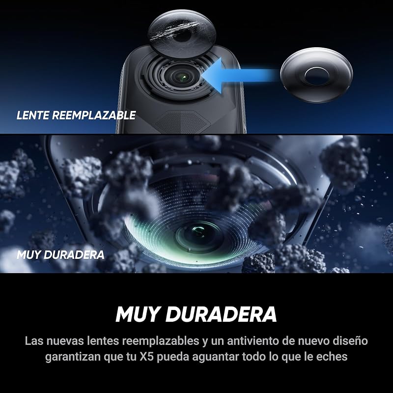 X5 - Câmara impermeável 8K 360°, líder com pouca luz, efeito de pau de selfie invisível, objetiva rígida e substituível, bateria de 3 horas, resistente ao vento incorporada, estabilização, com chip triplo de IA