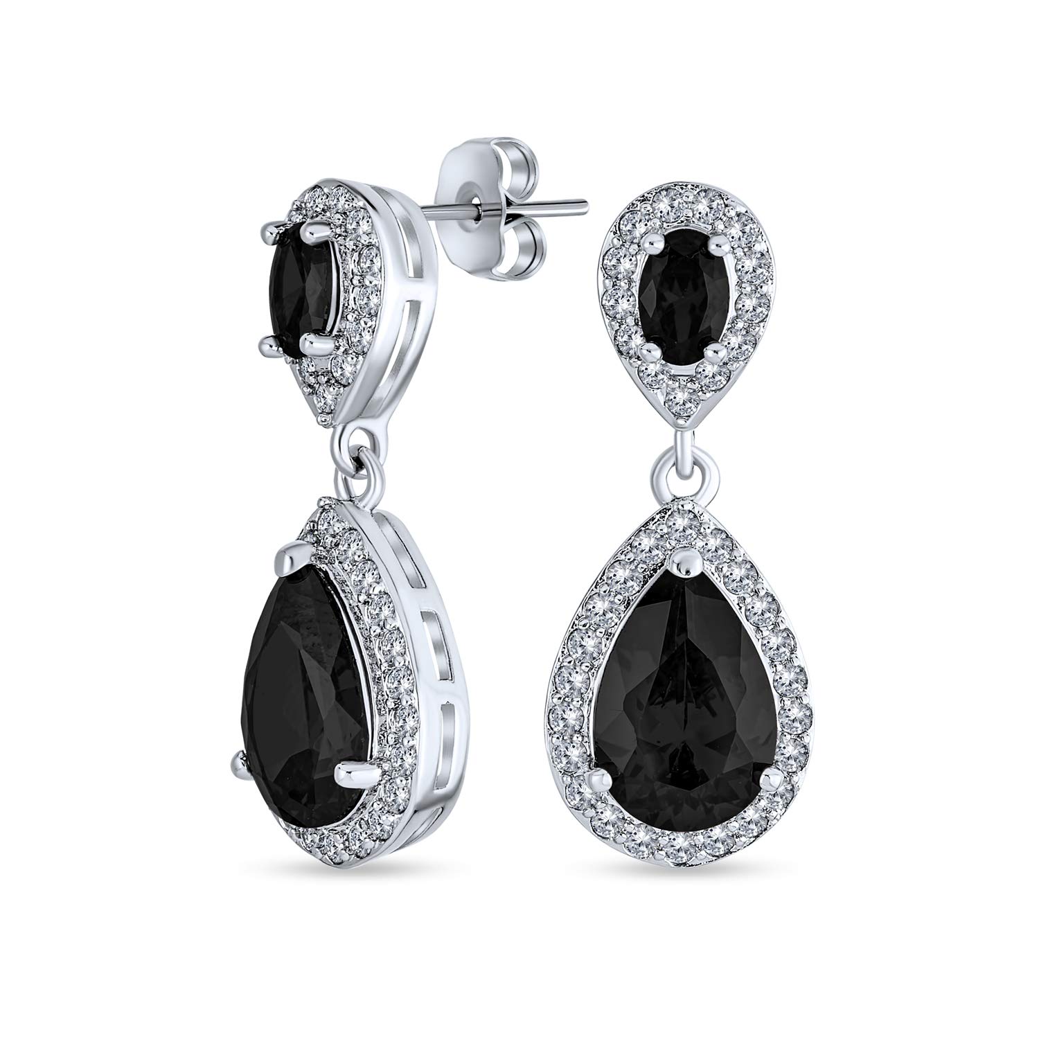 Fashion Pave CZ Halo Black Pear Shaped Teardrop Drop Statement Earrings For Women Prom Silver Plated Brass — image 1