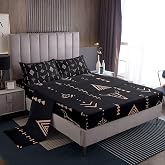 Bull Skull Bed Sheets Set Full Boho Sheet Set Ethnic Horns Bohemian Sheets Brown Tribal Symbol Mysterious Aztec Bedroom Decor Abstract Geometric Flat Fitted Sheet for Men Boys