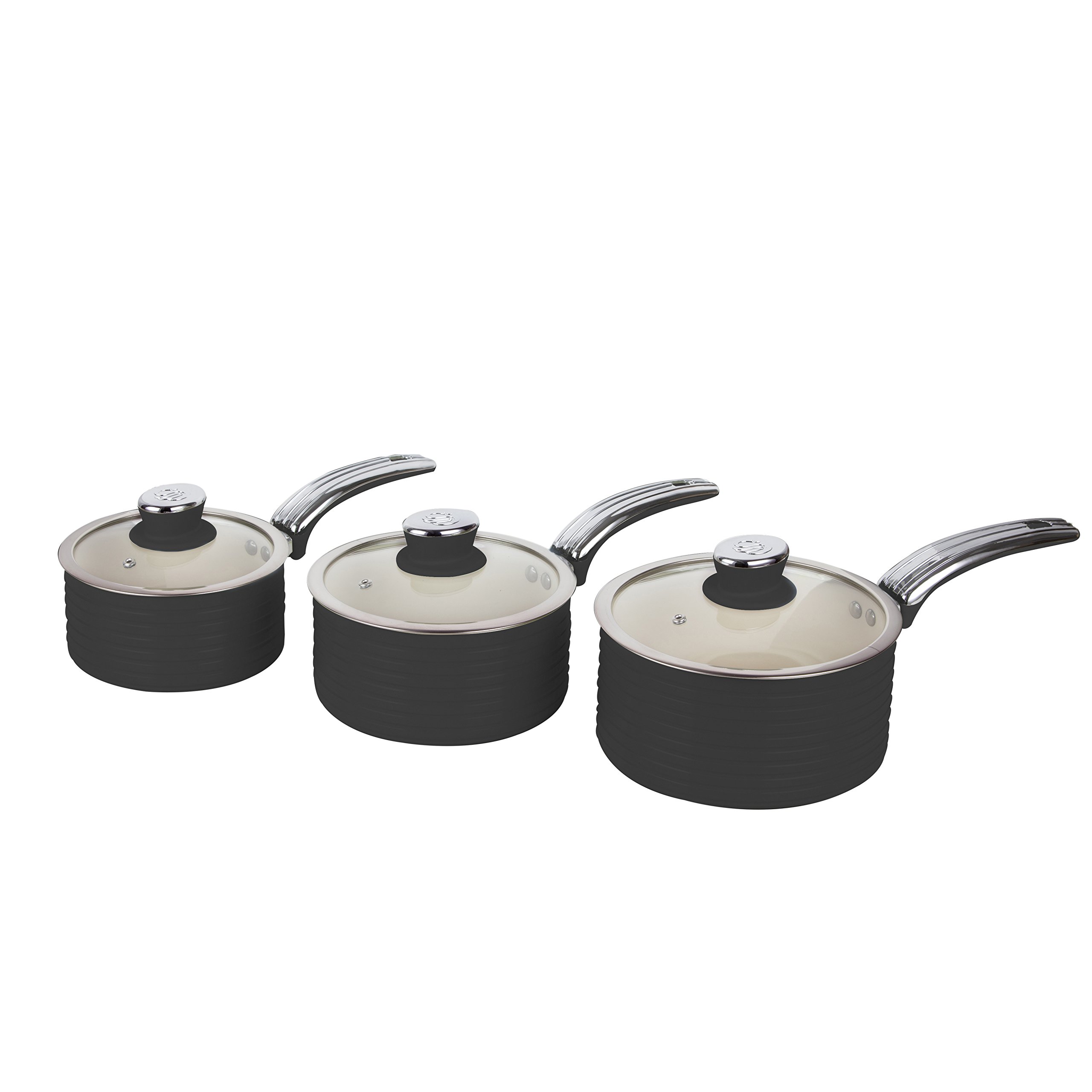 Swan SWPS3020BN Retro Induction Saucepan Set With Glass Lids, Non Stick Ceramic Coating, Easy to Clean, Black, 3 Piece, 16/18/20 cm — image 1