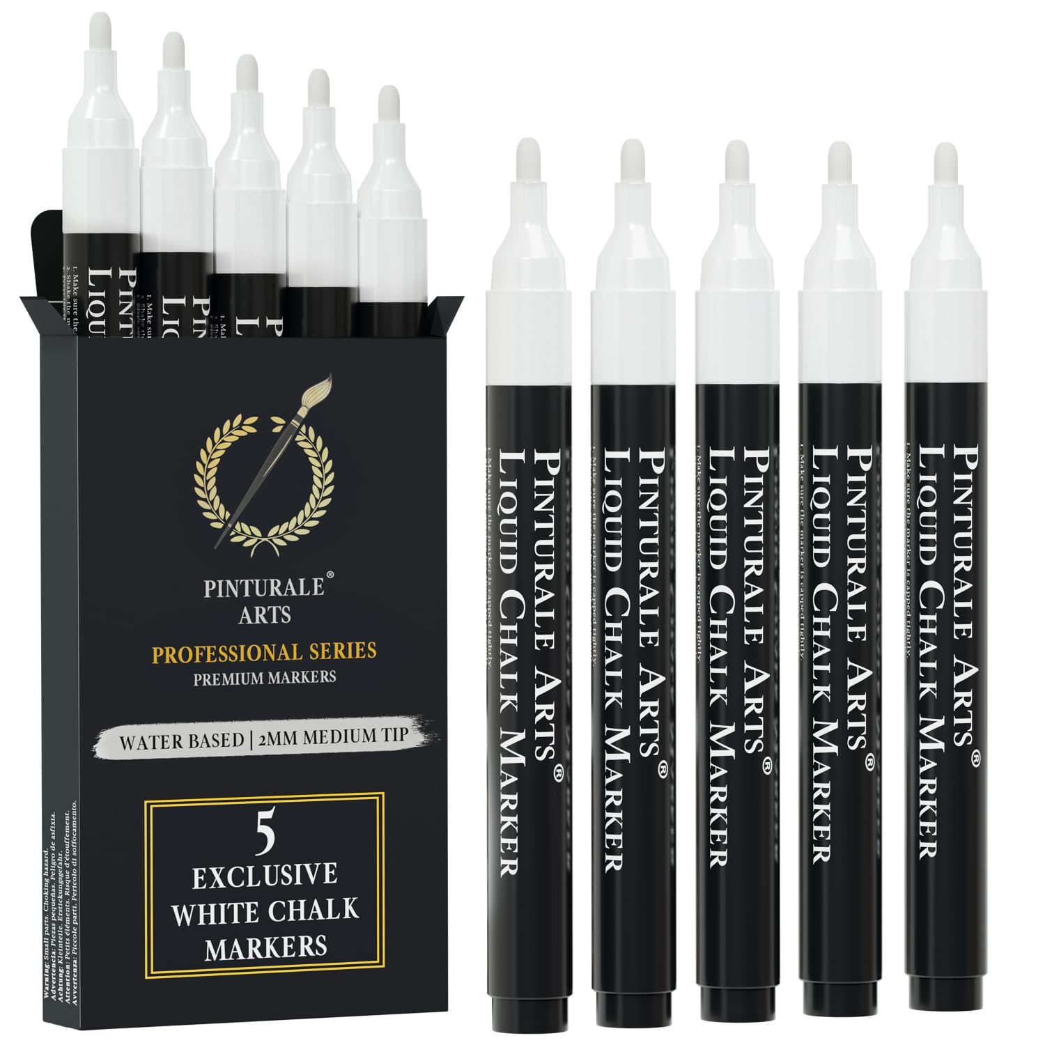 Pinturale Arts Set 5 White Chalk Pens | 2mm Tip | 5 Liquid Chalk Markers | Chalk Pen For Window, Glass, Mirror, White Chalk Pens For Blackboards Wipeable