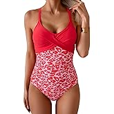 B2prity Women's One Piece Swimsuits Tummy Control Front Cross Bathing Suits Tie Back Slimming V Neck Swimwear