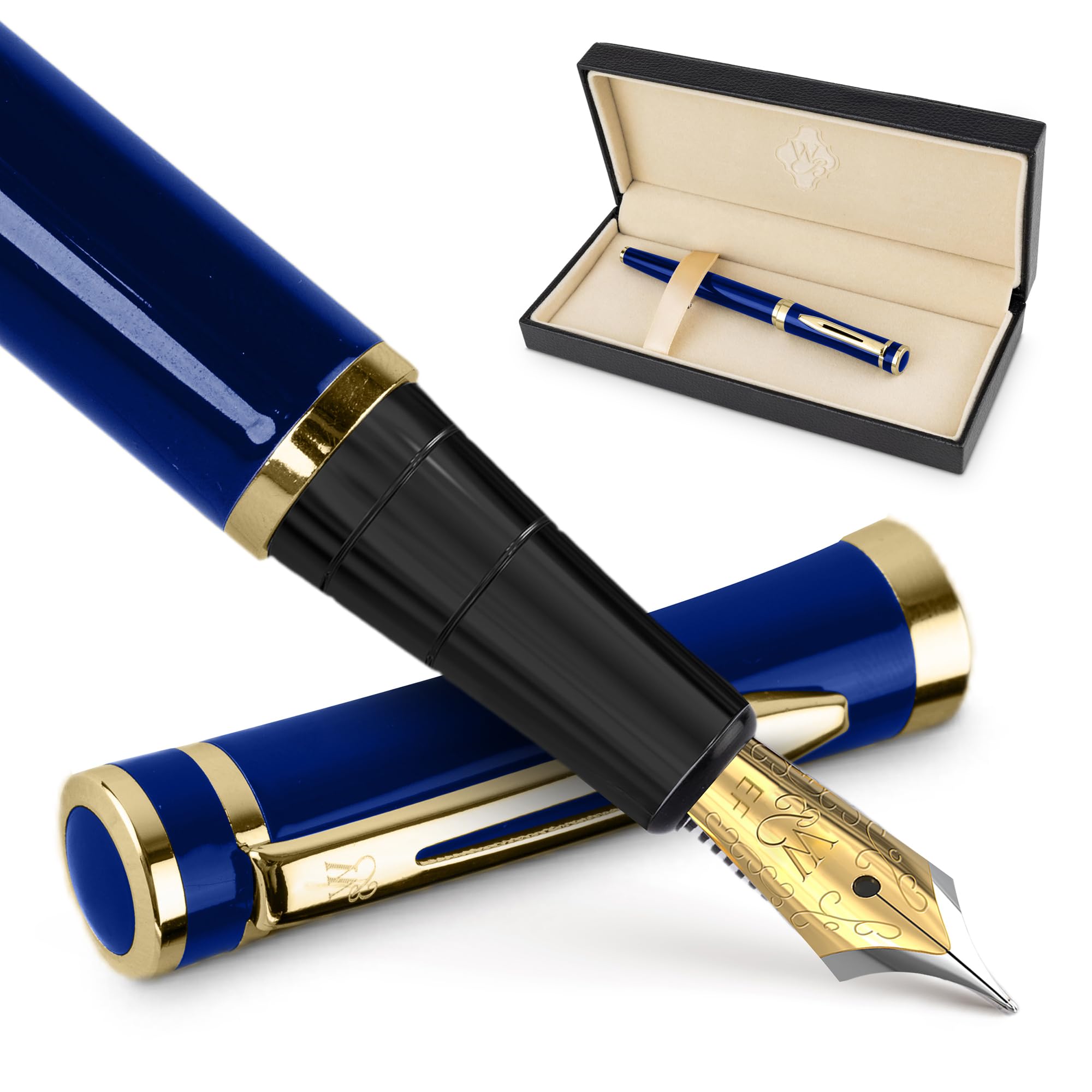 Wordsworth & Black - Fountain Pen Set, Extra Fine Nib, 24 Ink Cartridges, Ink Refill Converter and Gift Box, Chrome Finish, Calligraphy, Imperial Blue