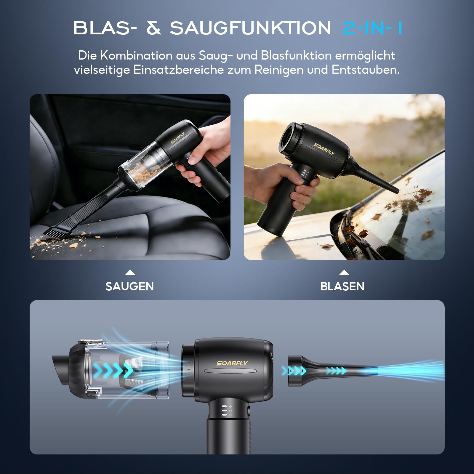 SoarFly Handstaubsauger Akku, 25000Pa 4 in 1 Auto Mini Staubsauger Kabellos Stark mit LED Licht, 2-Gang Elektrische Staubgebläse mit Bürstenloser Motor für den Auto, Küche, PC, Sofa, Büro 5
